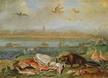 Creatures from the Four Continents in a Landscape with a View of Canton in the Background
